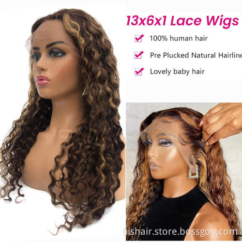 Human Hair Wigs Curly Highlight Brown Lace Front Wigs Ombre Deep Wave 13x4x1 Lace Wigs Pre Plucked with Baby Hair Blonde